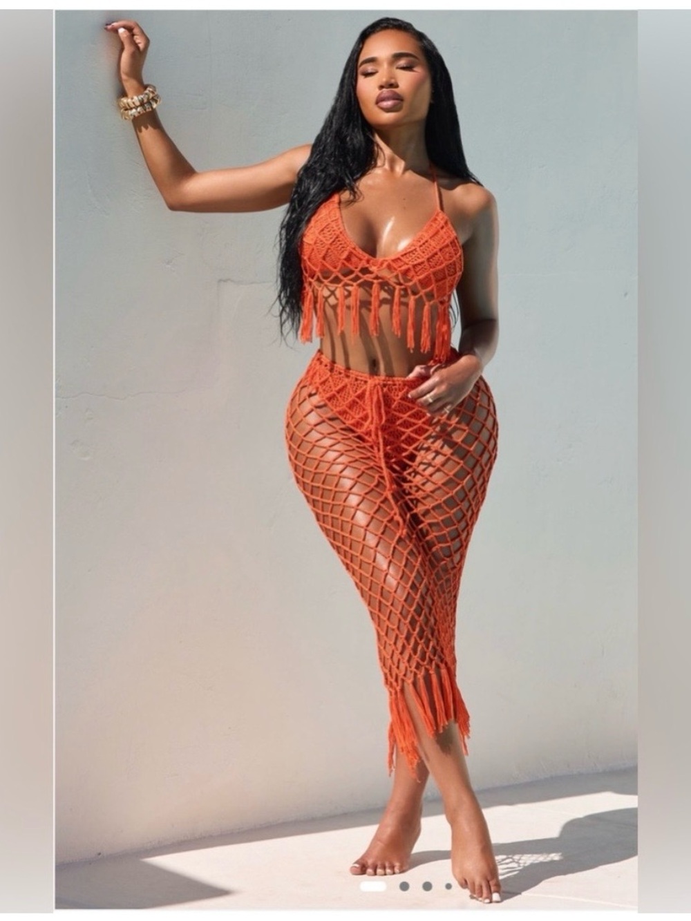 Orange Crochet Fringe Two-Piece Beach Set